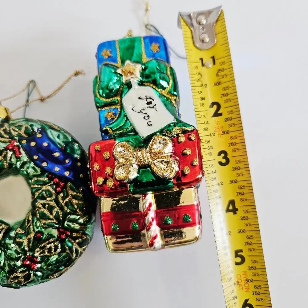 Vintage Brass Key Hand-Painted Glass Christmas Ornaments Bear Wreath Gift Stack